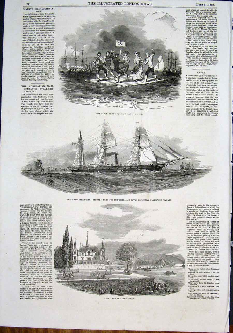 Original Old Antique Print Raft Regatta Cork Steam Ship Sydney Vevay Lake Leman