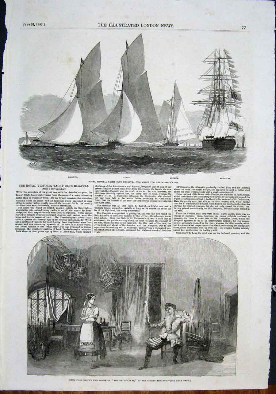 Old Antique Print Royal Victoria Yacht Regatta Opera Balfe Surrey Theatre