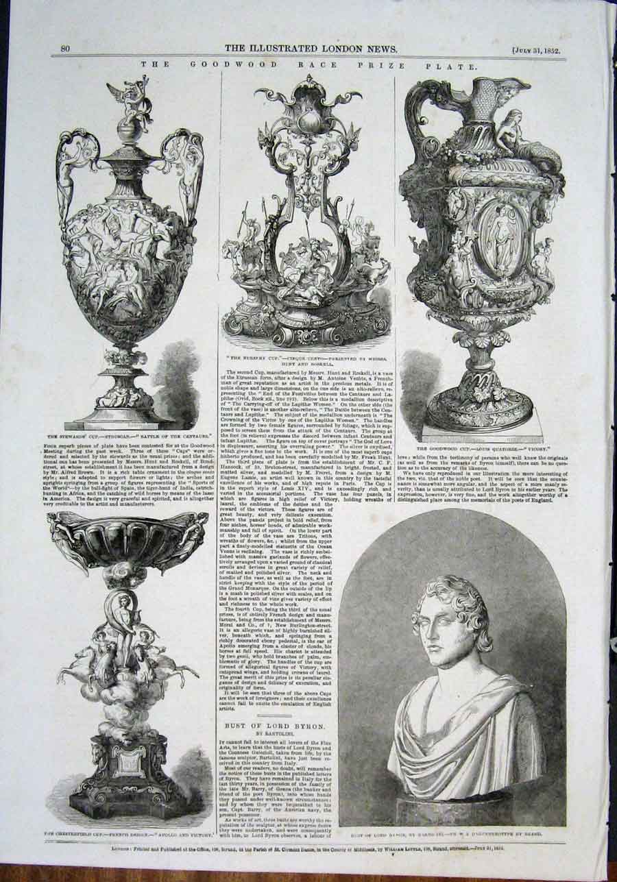 Original Old Antique Print Goodwood Race Plate Cup Nursery Byron Bartolini 1852
