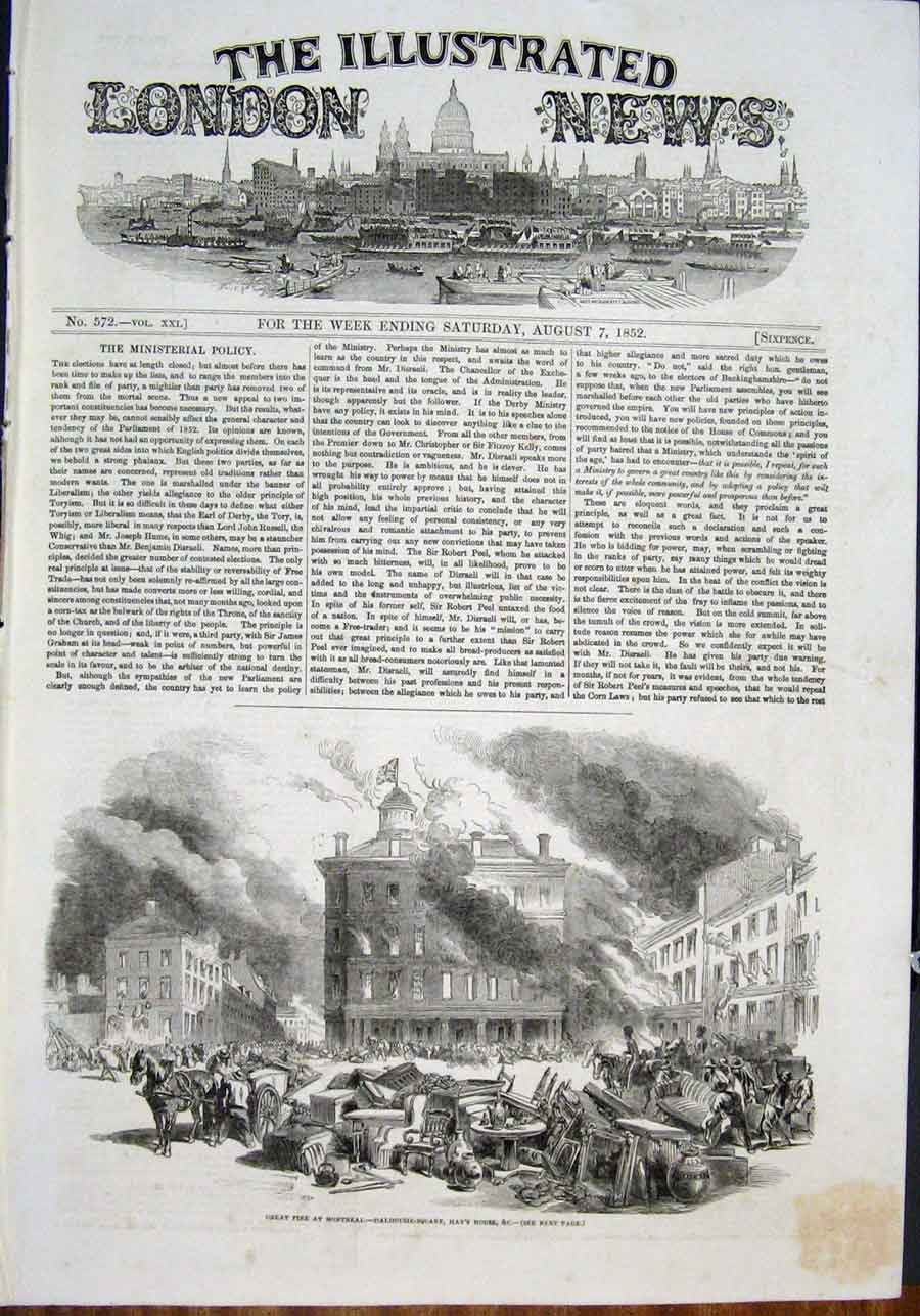 Original Old Antique Print Fire Montreal Dalhouse Square Hay'S House 1852 19th