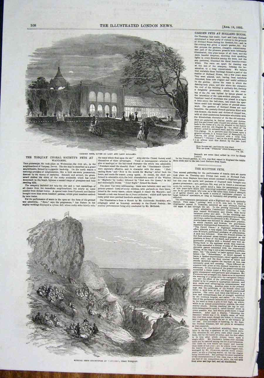 Old Antique Print Garden Fete Lord Holland Musical Torquay Watcombe 1852 19th