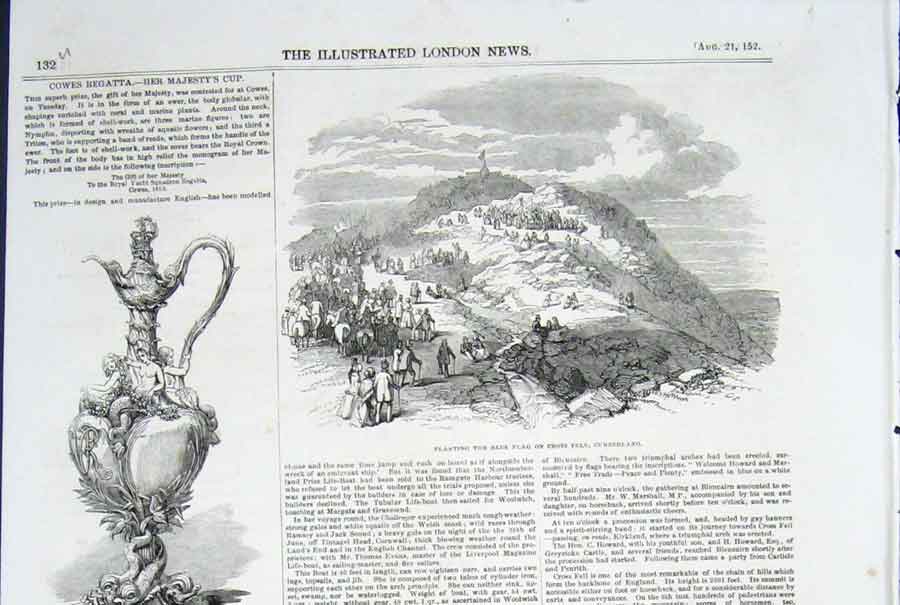 Old Antique Print Cowes Regatta Cup Blue Flag Cross Fell Cumberland 1852 19th