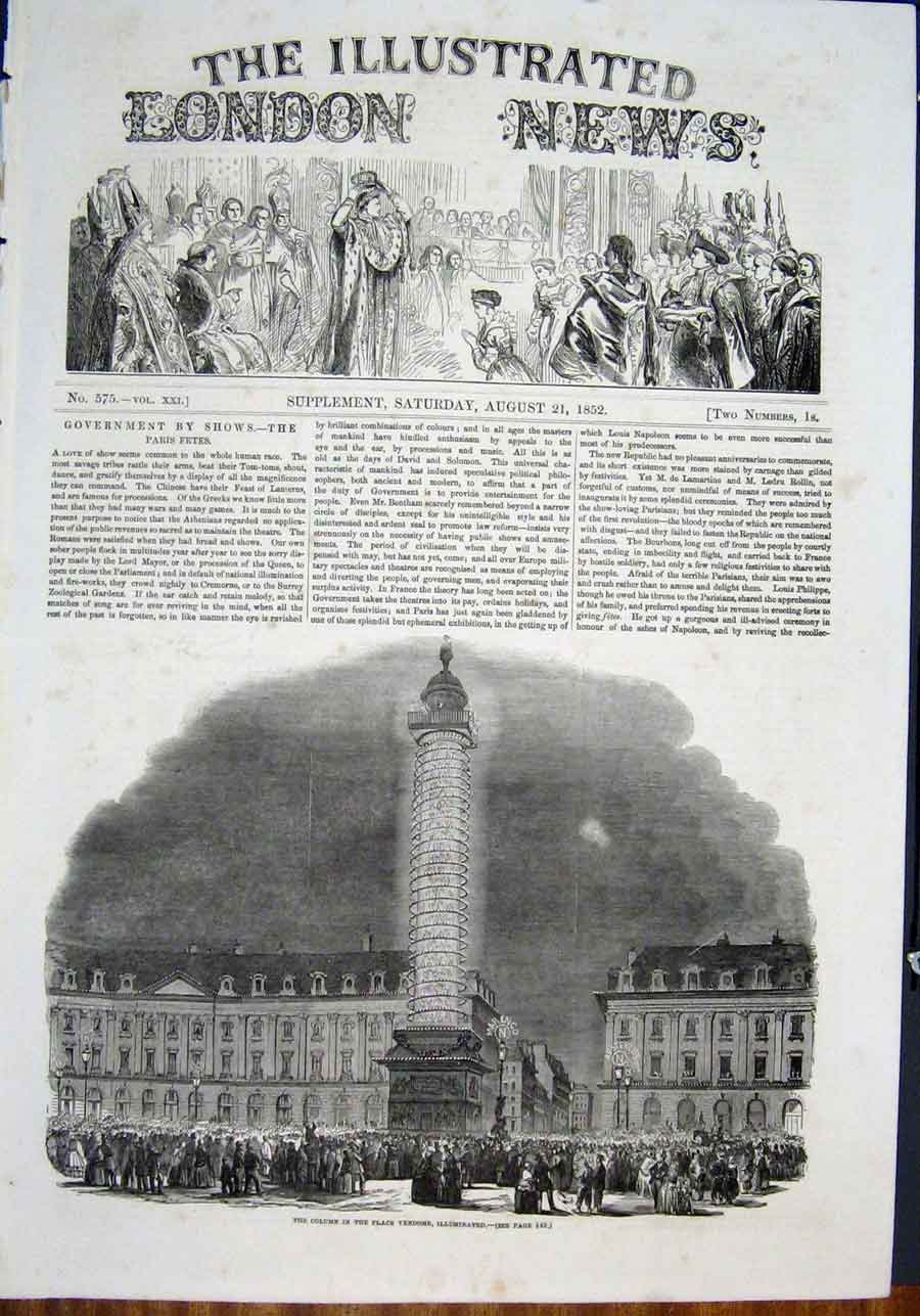 Original Old Antique Print Column Place Vendome Paris France Illuminated