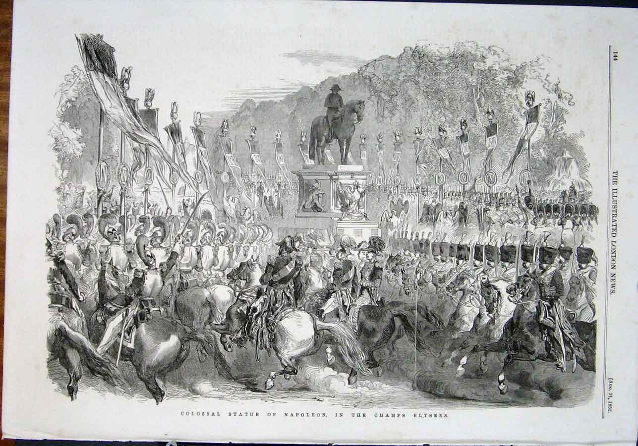 Original Old Antique Print Statue Napoleon Champs Elysees Paris France 1852 19th