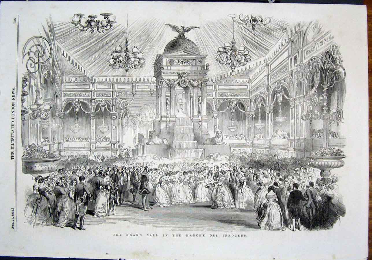 Original Old Antique Print Grand Ball Marche Des Innocens Paris Lescot Fountain