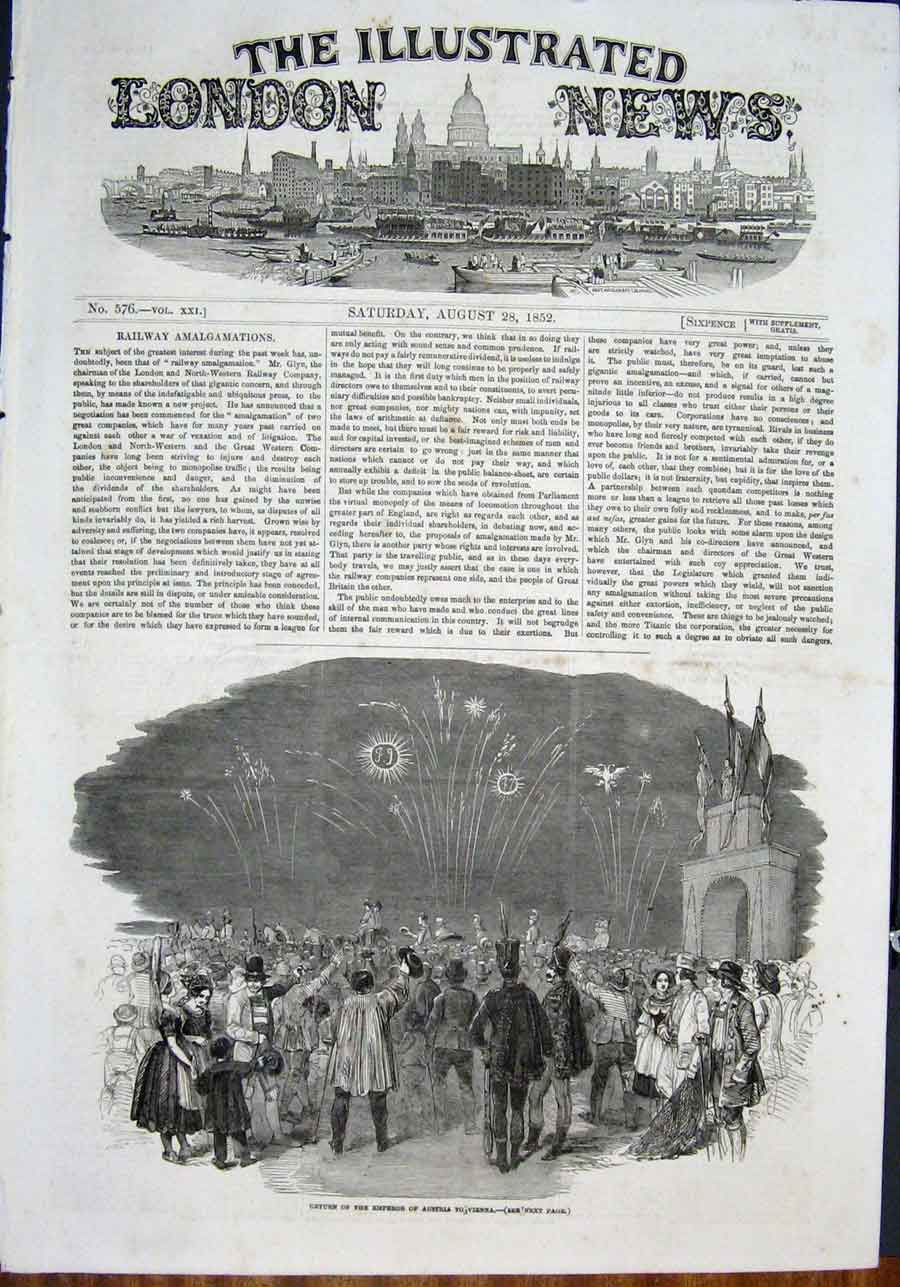 Original Old Antique Print Emperor Austria Vienna Fireworks Parade 1852 19th