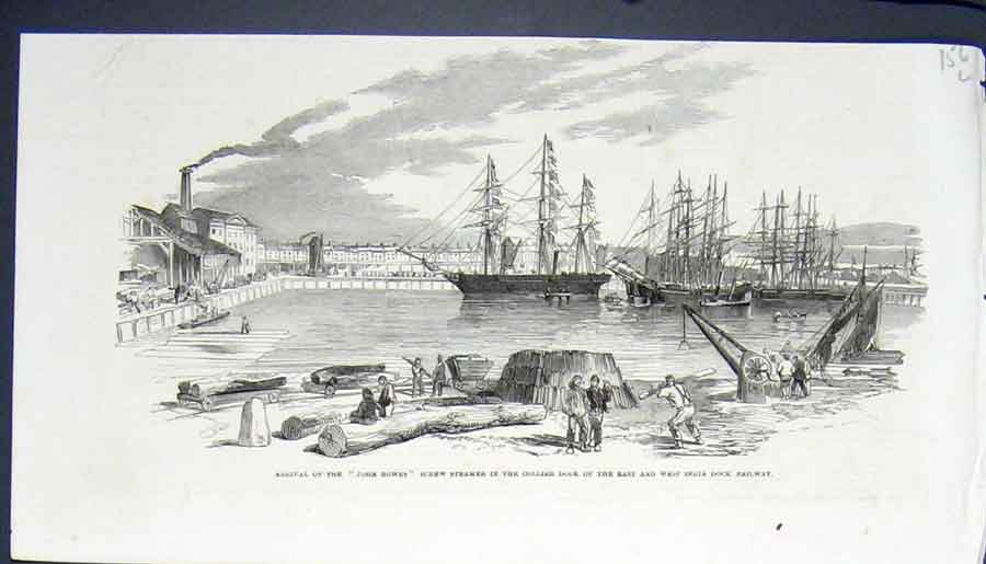 Original Old Antique Print John Bowes Screw Steamer Collier Dock Railway