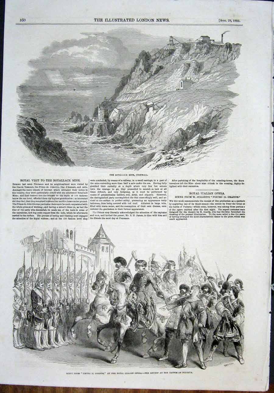 Original Old Antique Print Botallack Mine Cornwall Italian Opera Pultava Theatre