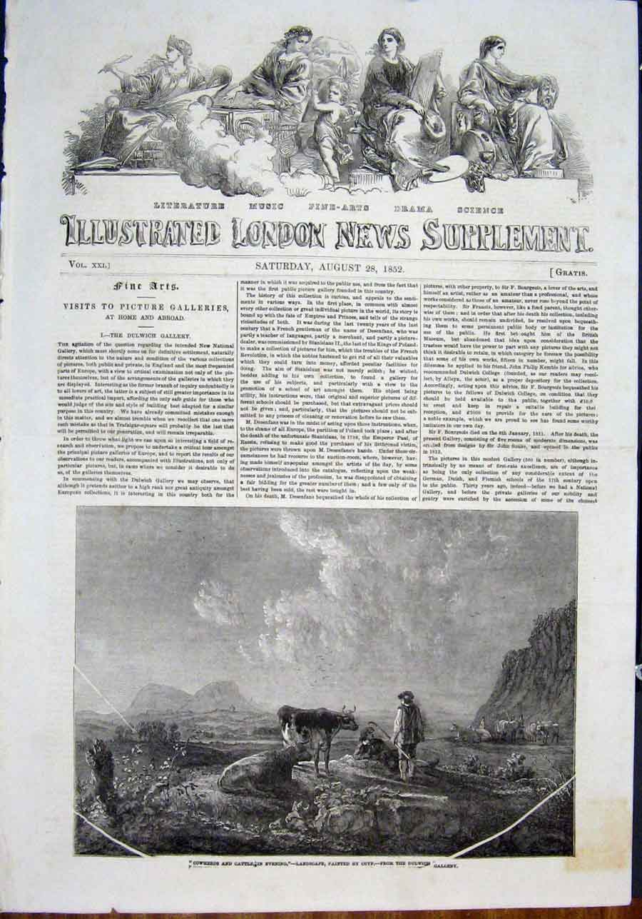 Original Old Antique Print Cowherds Cattle Evening Landscape Cuyp Fine Art 1852
