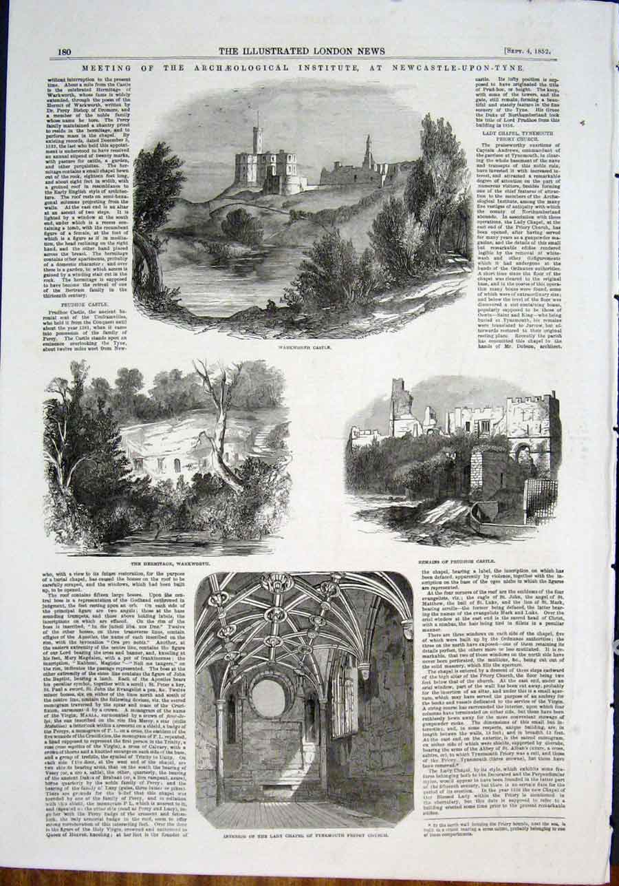 Original Old Antique Print Warkworth Castle Archeological Institute Prudhoe 1852