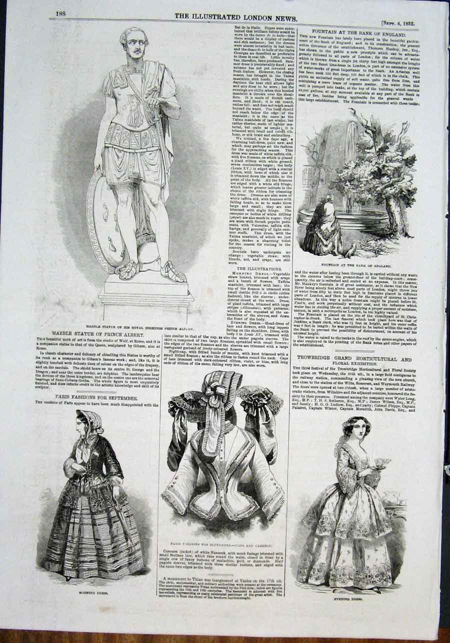 Old Antique Print Statue Marble Albert Fashion Fountain Caps Cazenou 1852 19th
