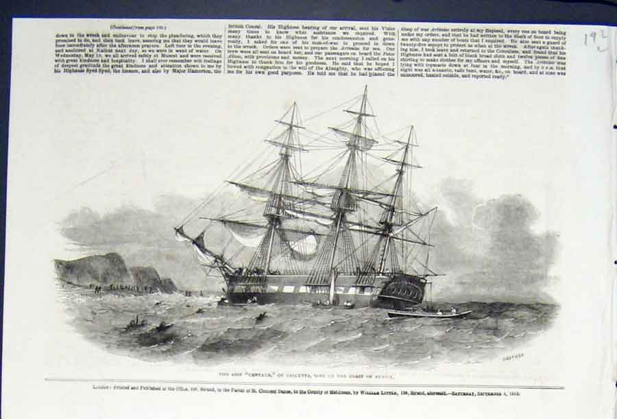 Original Old Antique Print Ship Centaur Calcutta Arabia Wreck 1852 Victorian