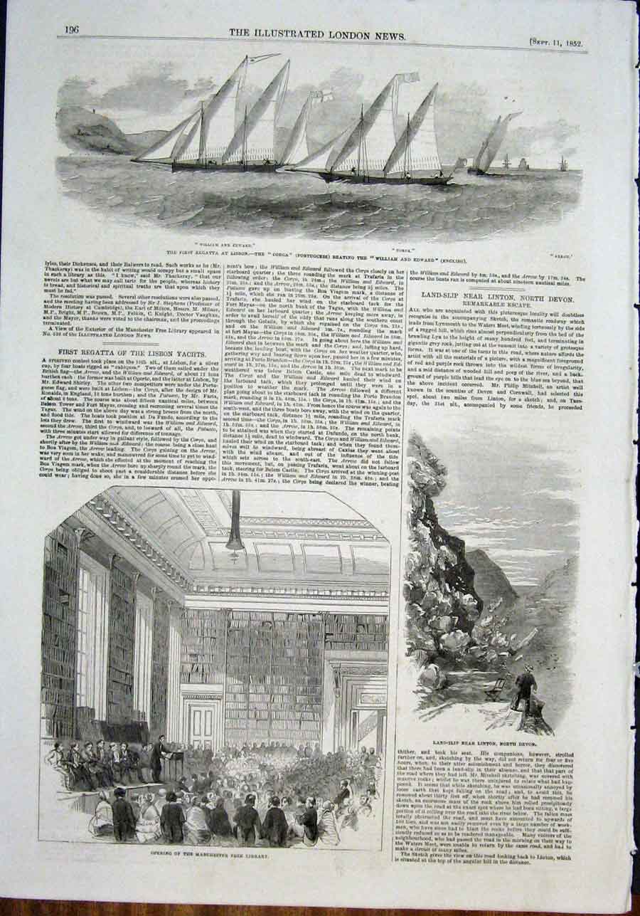 Original Old Antique Print Lisbon Regatta Corca Manchester Library Linton Devon