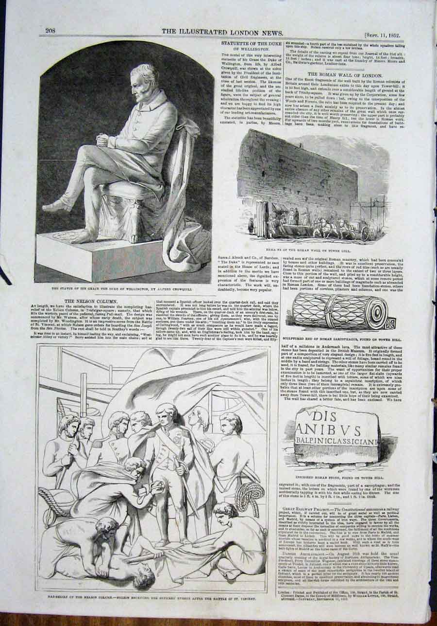 Original Old Antique Print Statue Wellington Crowquill Roman Wall Nelson Column
