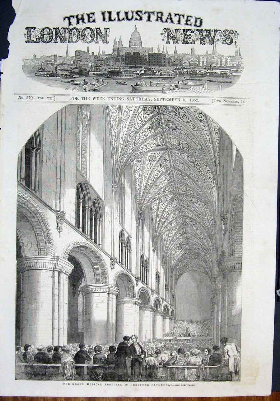 Original Old Antique Print Musical Festival Music Hereford Cathedral 1852 19th