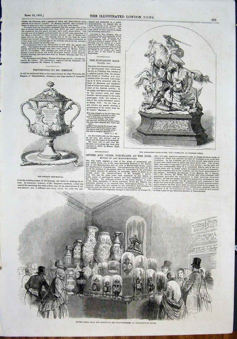 Old Antique Print Doncaster Plate Flodden Sevres China Malborough Simpson