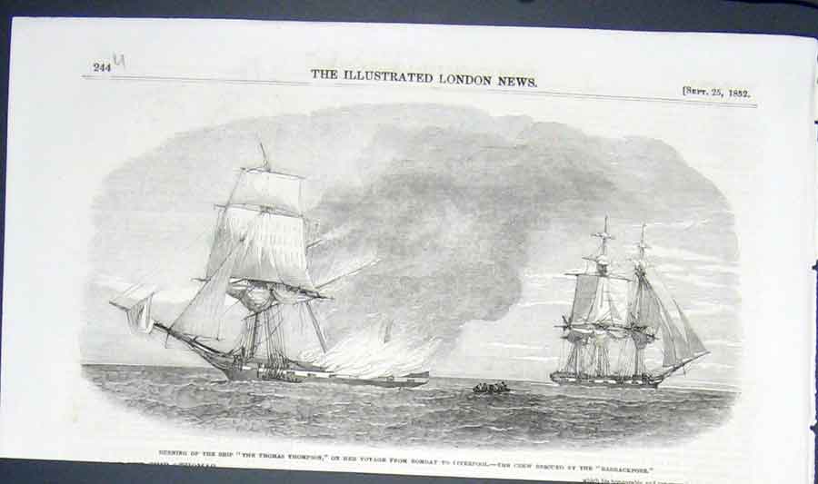 Original Old Antique Print The Thomas Thompson Fire Barrackpore Rescue 1852