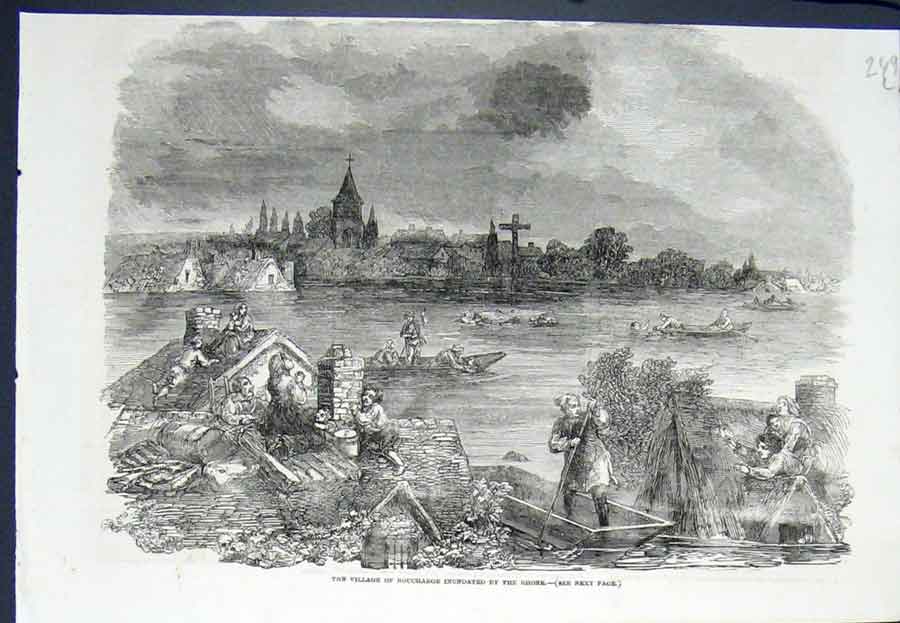 Original Old Antique Print Boucharge Rhone Flood River Village Flooded 1852
