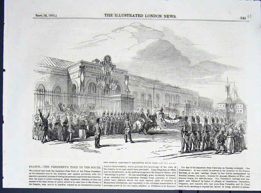 Original Old Antique Print French President Departure Paris France 1852 19th