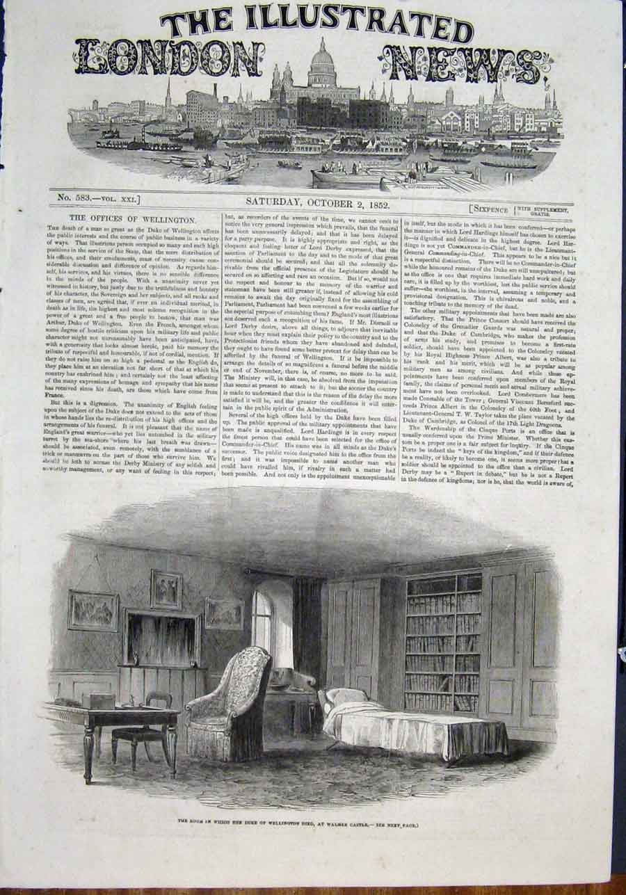 Original Old Antique Print Wellinton Walmer Castle Room 1852 19th