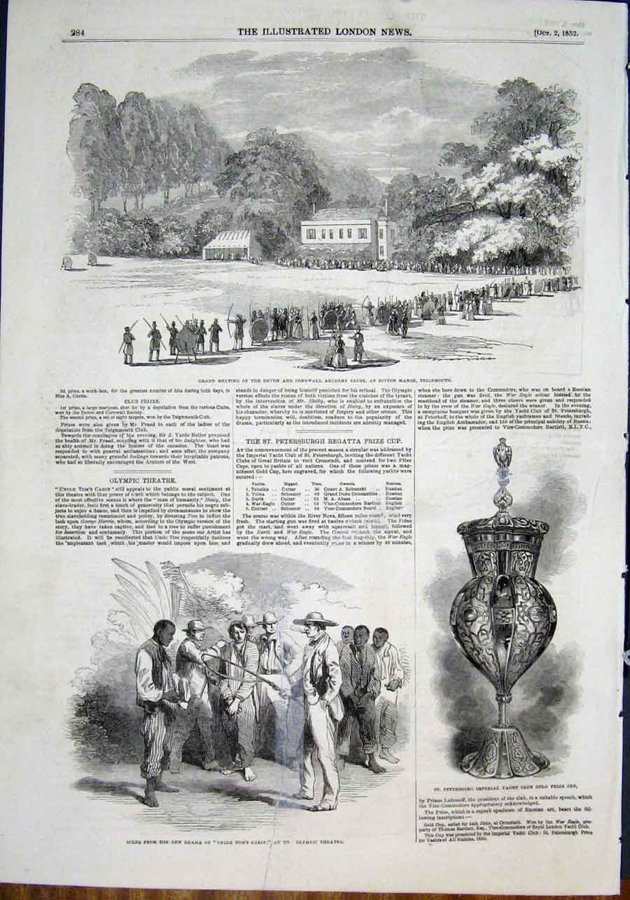 Original Old Antique Print Teignmouth Archery Devon Cornwall Yacht Club Cup 1852