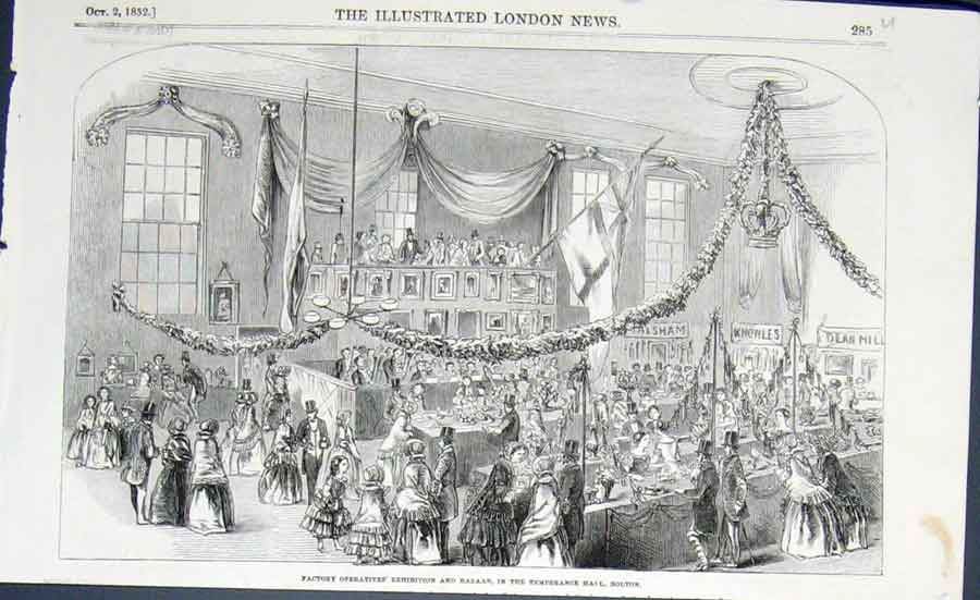 Old Antique Print Factory Exhibition Bazaar Temperance Hall Bolton 1852 19th