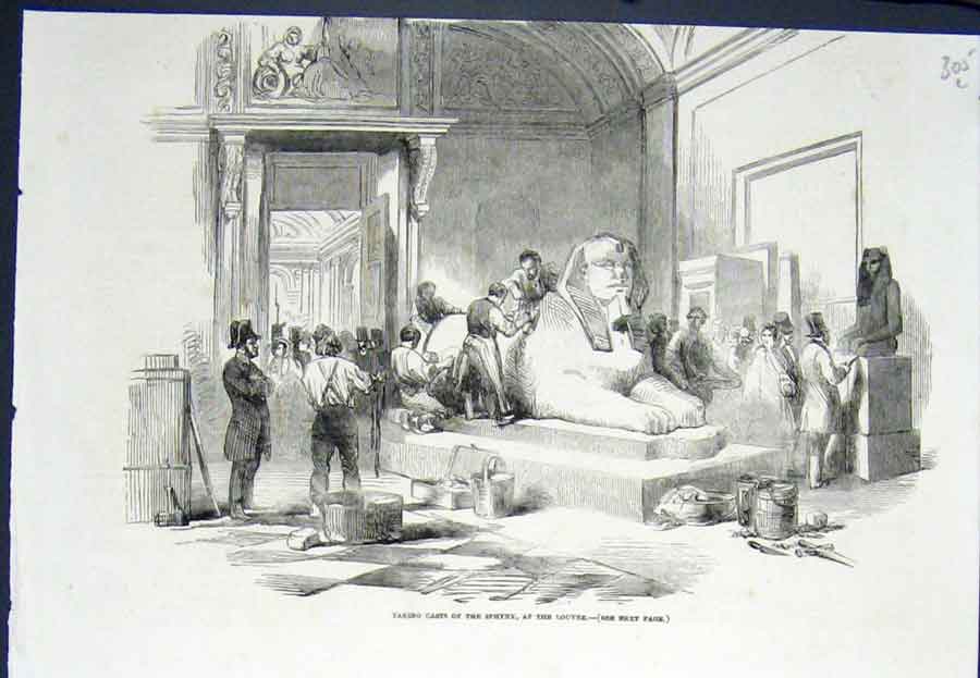 Original Old Antique Print Sphynx Louvre Paris France Cast Fine Art 1852 19th