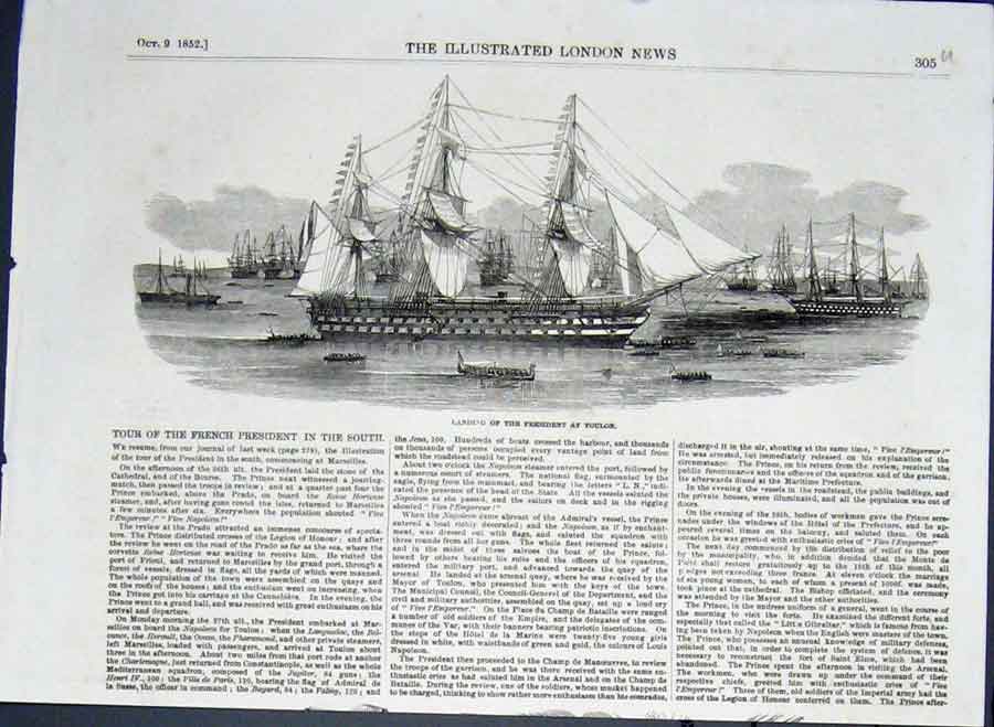 Original Old Antique Print Toulon France President Ship Ships Port 1852 19th