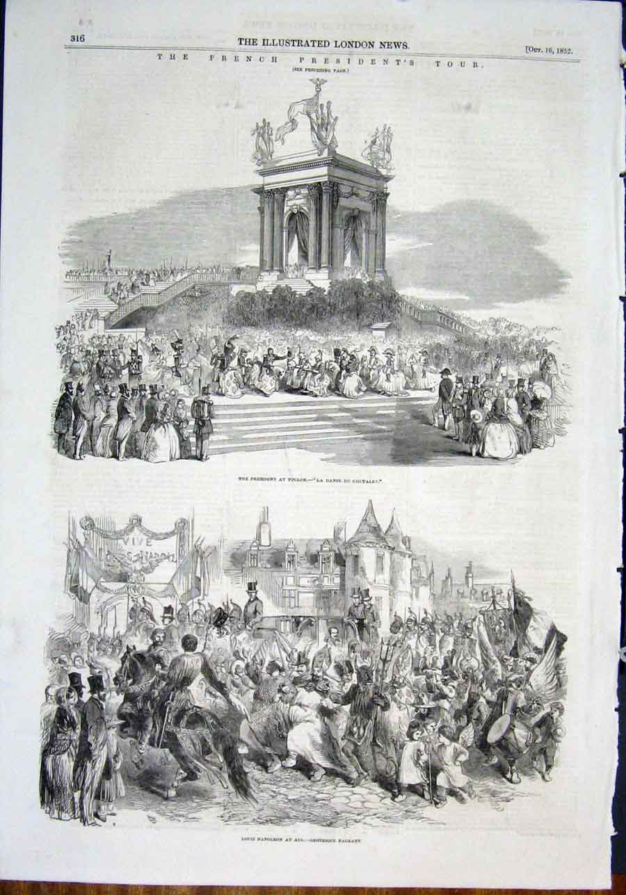 Original Old Antique Print French Toulon Aix Pageant France Dance Napoleon 1852