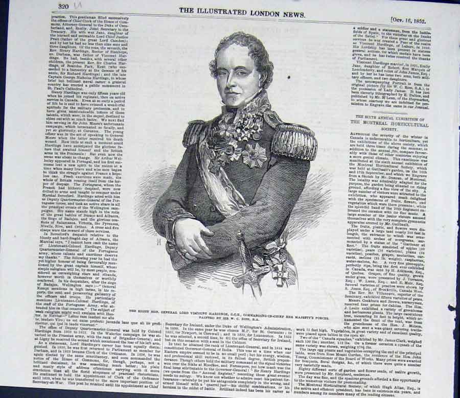 Original Old Antique Print Portrait General Lord Viscount Harding Ross Art 1852