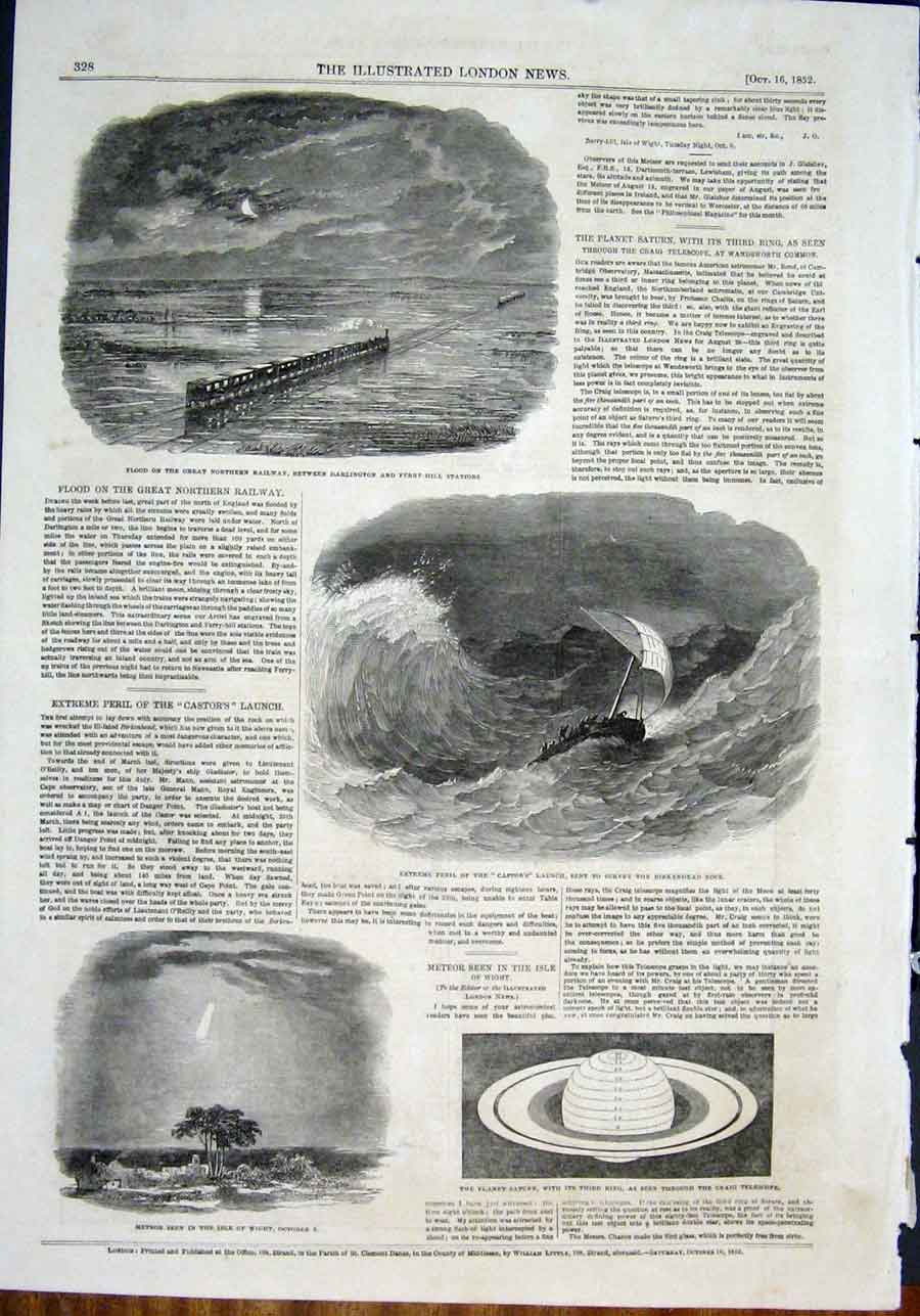 Original Old Antique Print Castor Birkenhead Flood Railway Meteor Wight Saturn