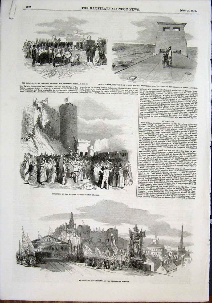 Original Old Antique Print Railway Tubular Bridge Stephenson Conway Shrewsbury