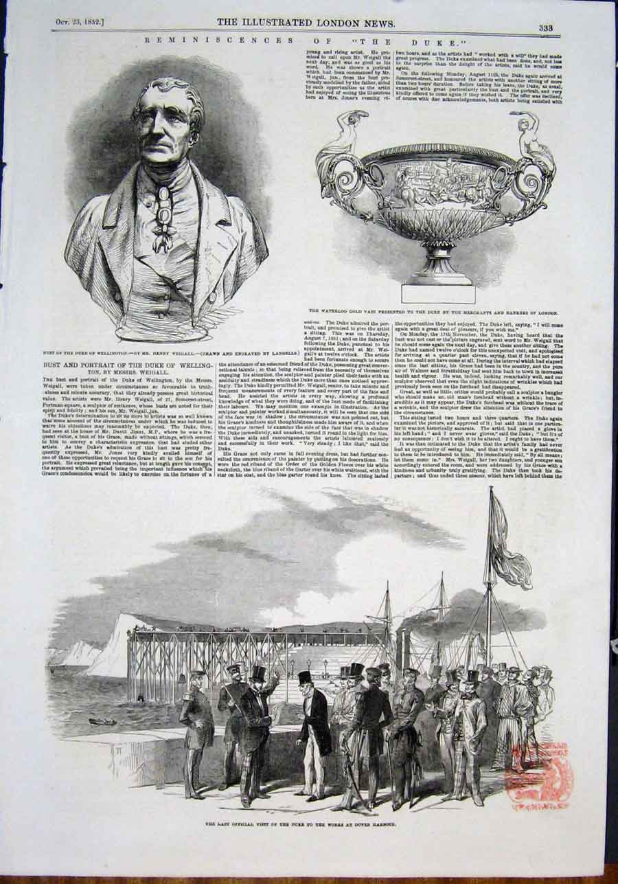 Original Old Antique Print Bust Duke Wellington Waterloo GVase Dover Harbour