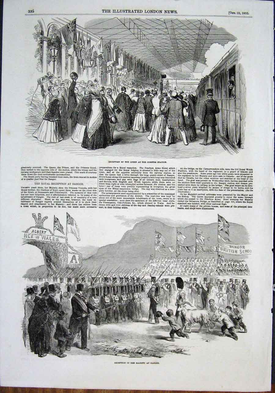 Original Old Antique Print Chester Station Queen Bangor Wales 1852 Victorian
