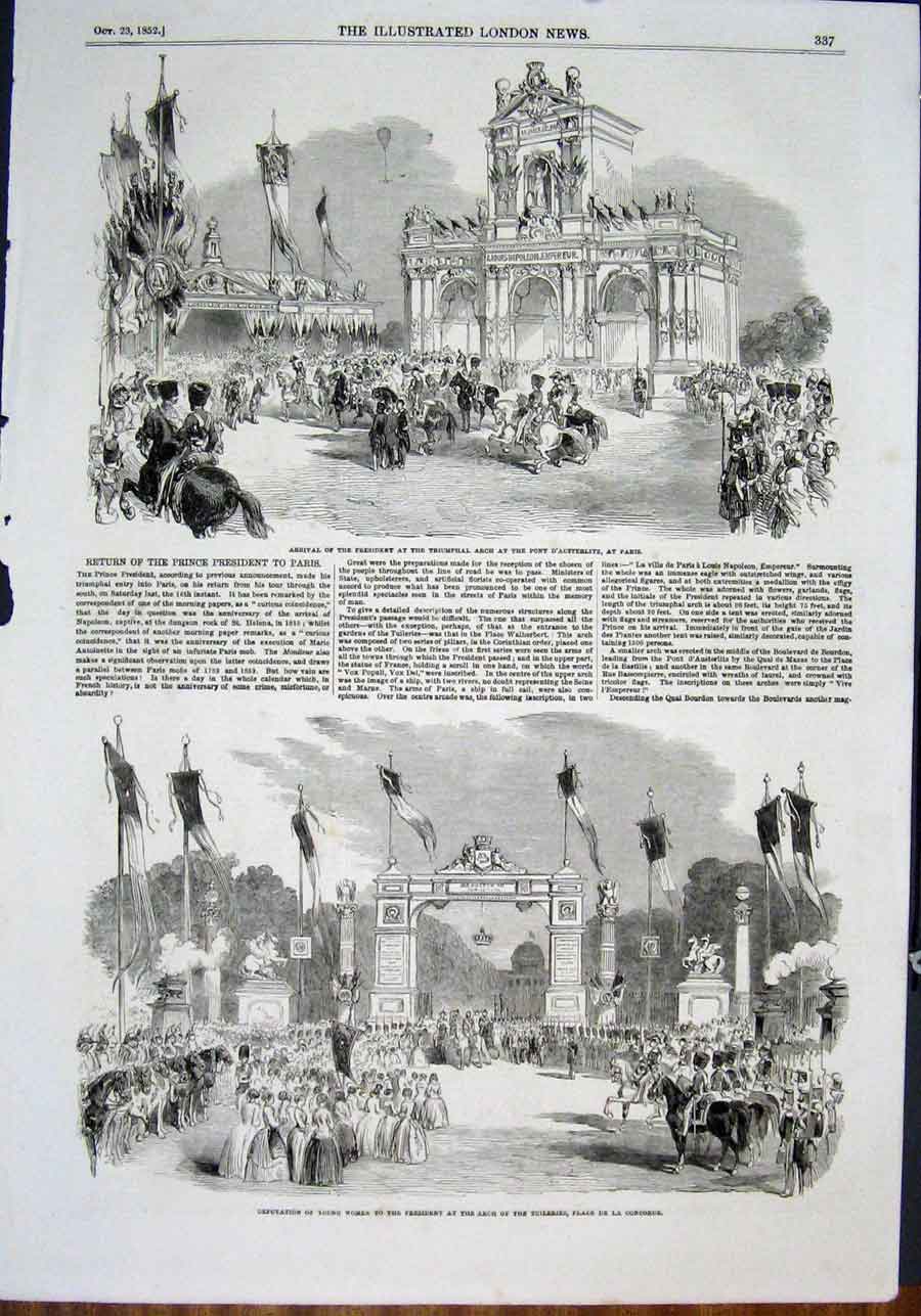 Original Old Antique Print Paris Pont D'Austerlitz Tuileries Arch France 1852