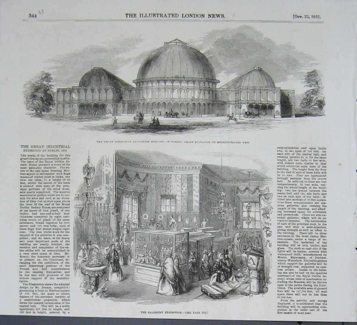 Old Antique Print Industrial Exhibition Dublin Merrion Square Salisbury