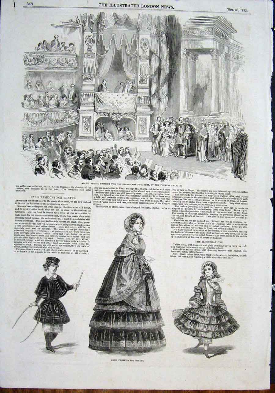 Original Old Antique Print Rachel Theatre Francais Paris Fashion Ode 1852 19th