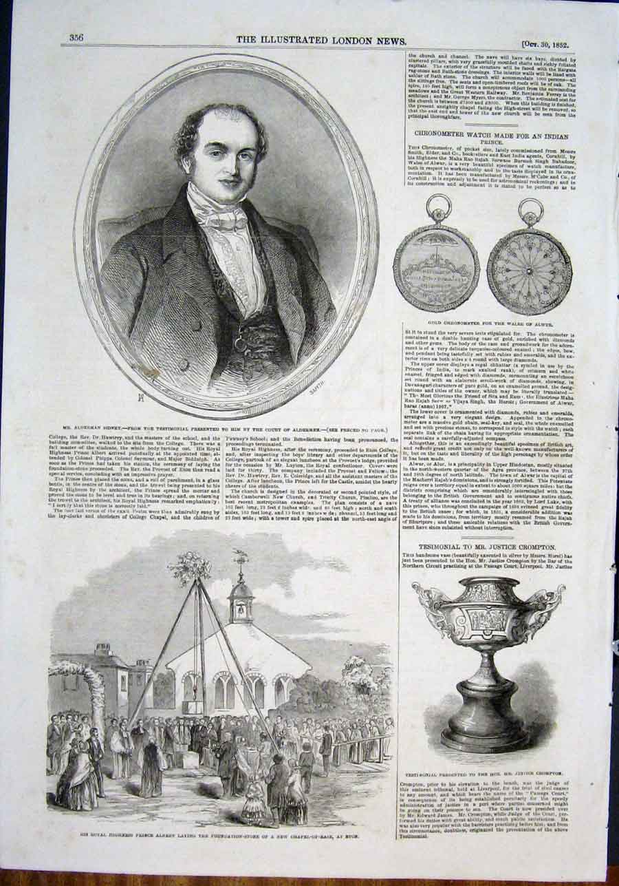 Original Old Antique Print Sydney Portrait GCrompton Eton Chapel Chronometer