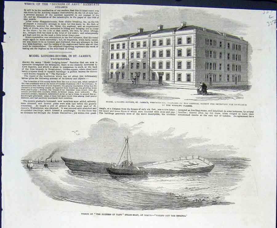 Original Old Antique Print Westminster Lodging House Wreck Duchess Kent Boat