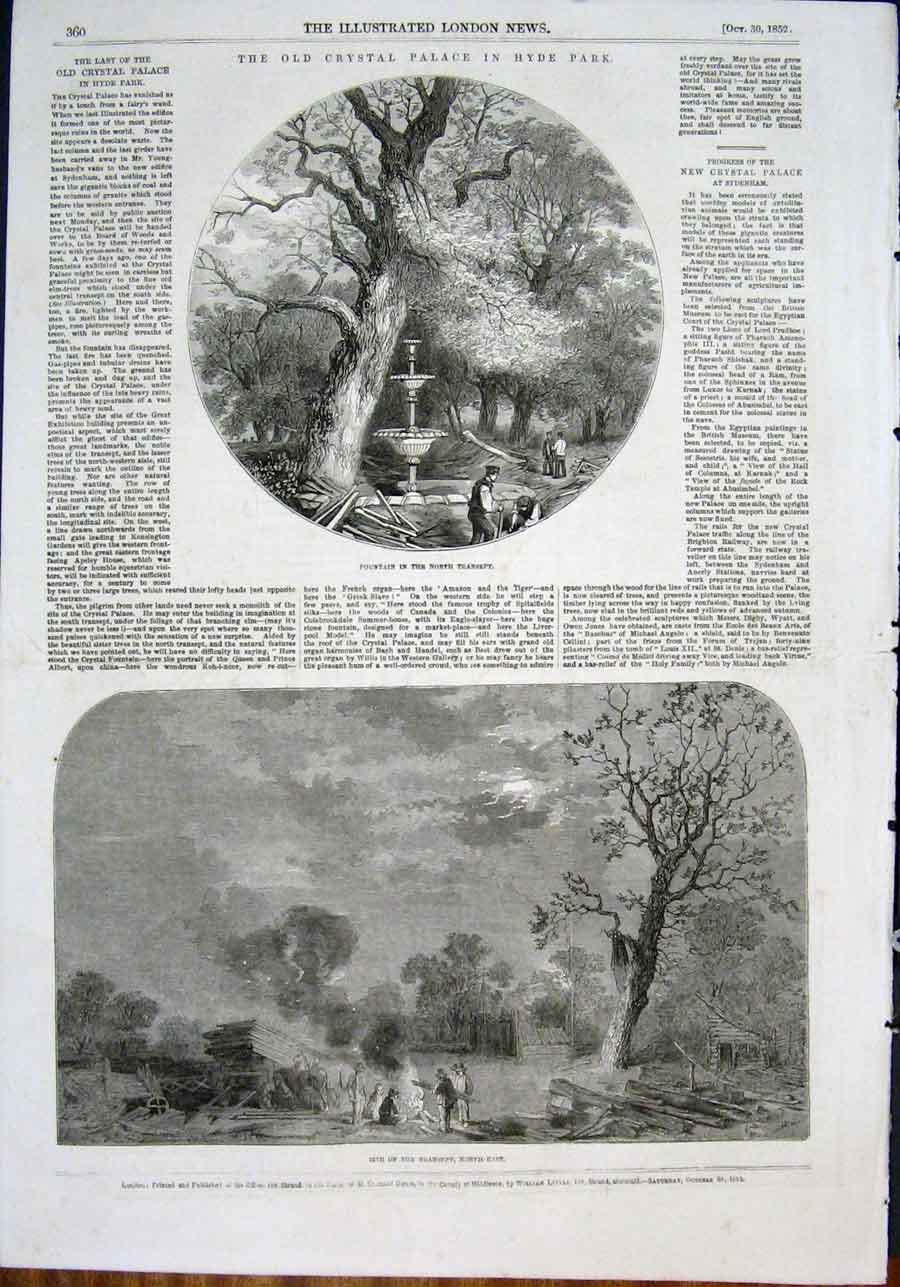 Original Old Antique Print Crystal Palace Hyde Park London Fountain 1852 19th