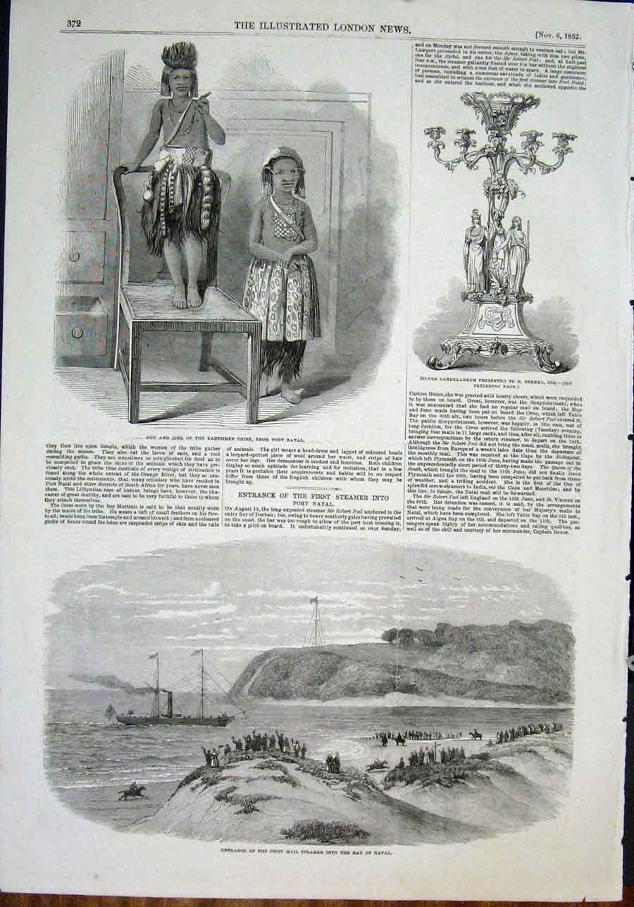 Old Antique Print Natal South Africa Mail Steamer Bernal Candelabra 1852 19th