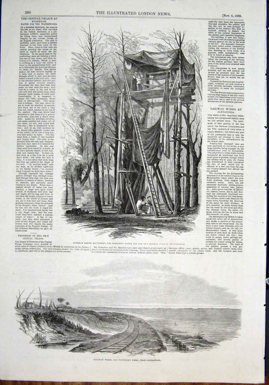 Old Antique Print Boring Machinery Water Crystal Palace Sydenham Railway