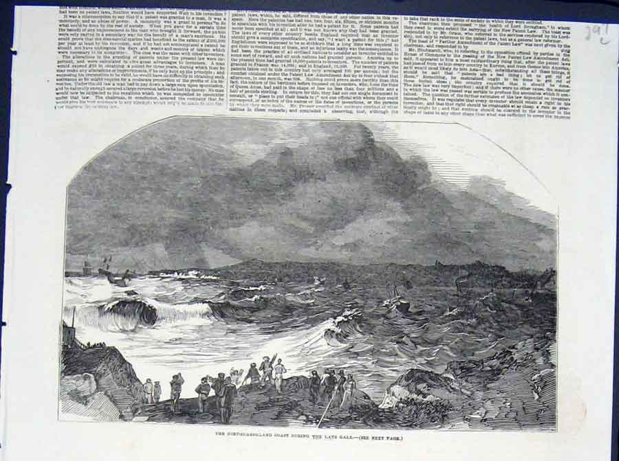 Original Old Antique Print Northumberland Coast Gale Sea Storm 1852 Victorian
