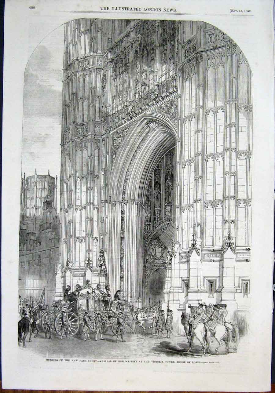 Original Old Antique Print Parliament Victoria Tower House Lords Gallery 1852