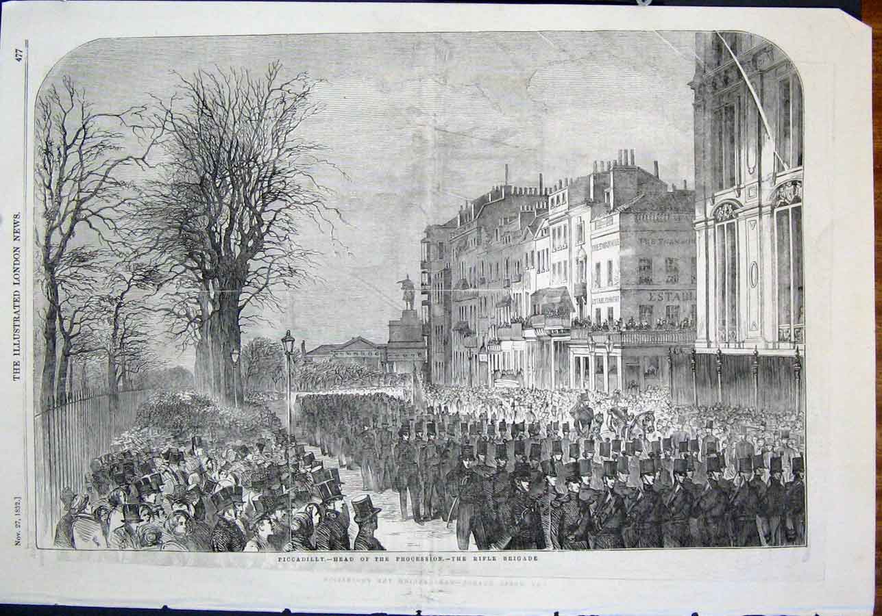 Old Antique Print Wellington Funeral Procession Piccadilly Rifle Brigade