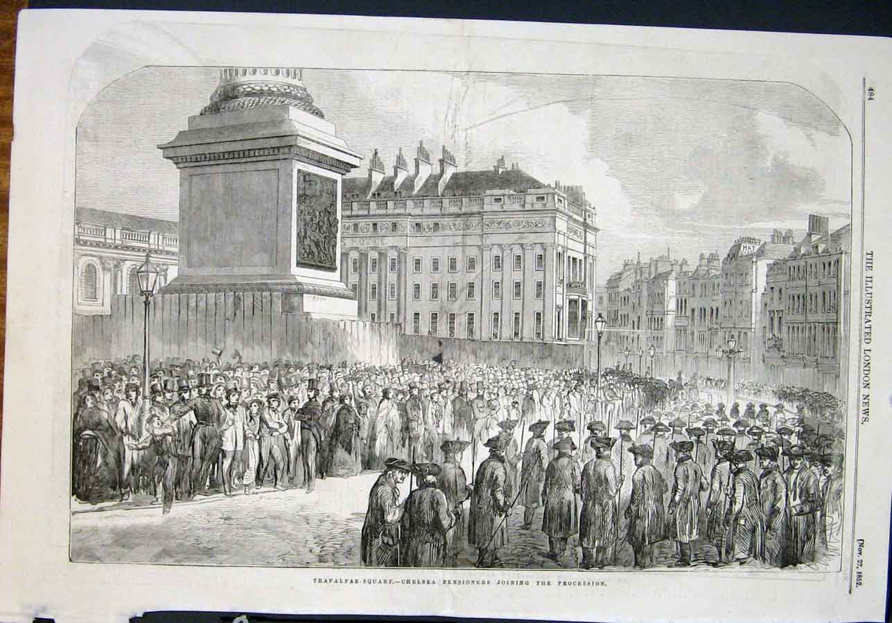 Original Old Antique Print Wellington Funeral Processon Trafalgar Square Chelsea