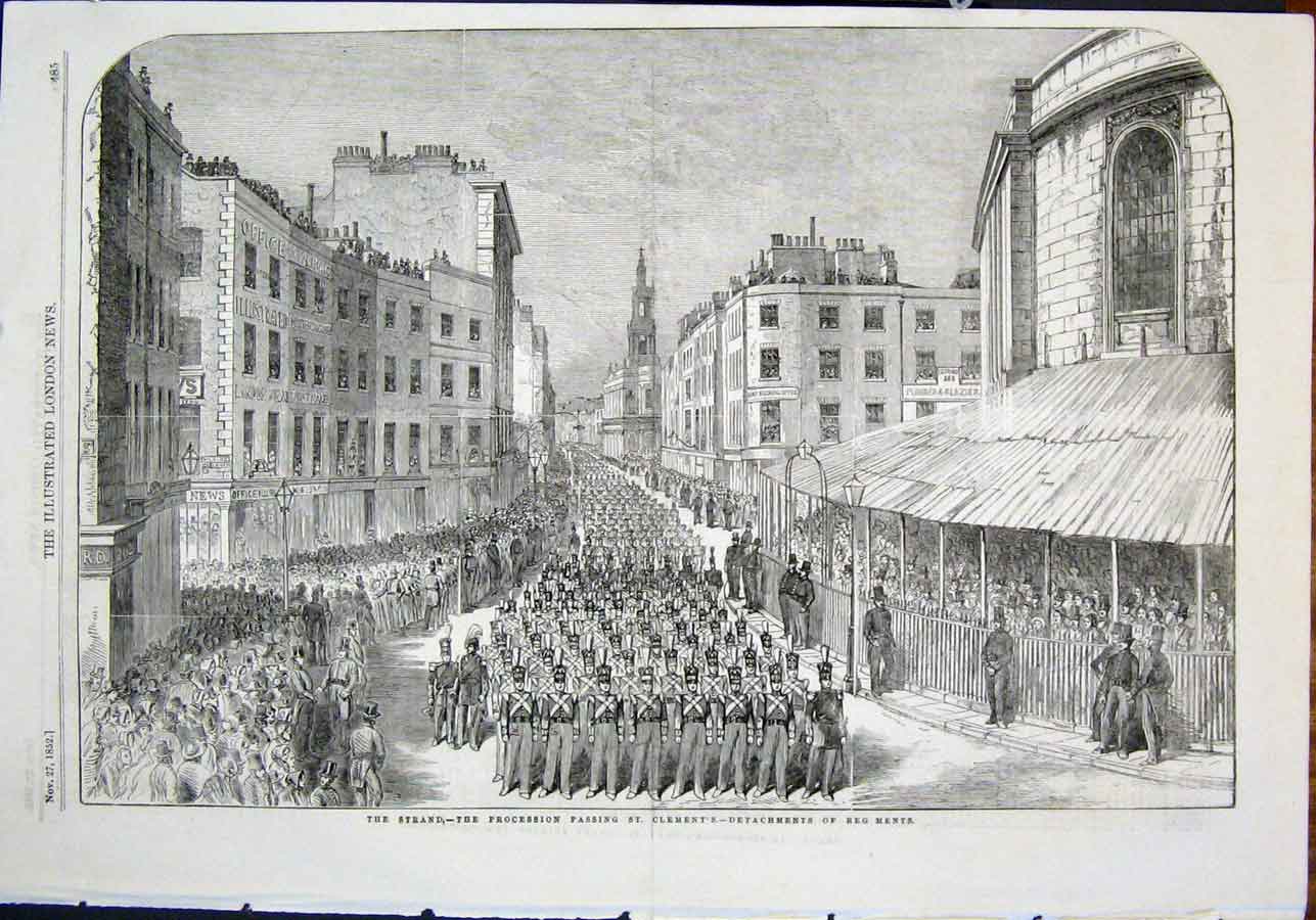 Original Old Antique Print Wellington Funeral Procession The Strand St Clement'S