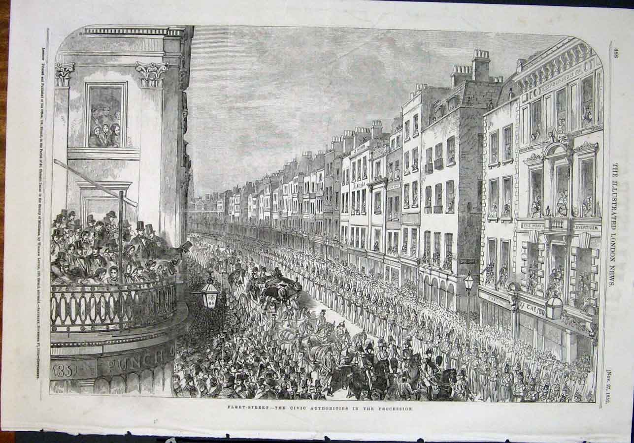 Original Old Antique Print Wellington Funeral Procession Fleet Street Civic 1852