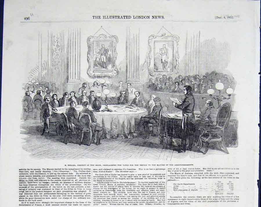 Original Old Antique Print Berger Prefect Seine Election Votes 1852 Victorian