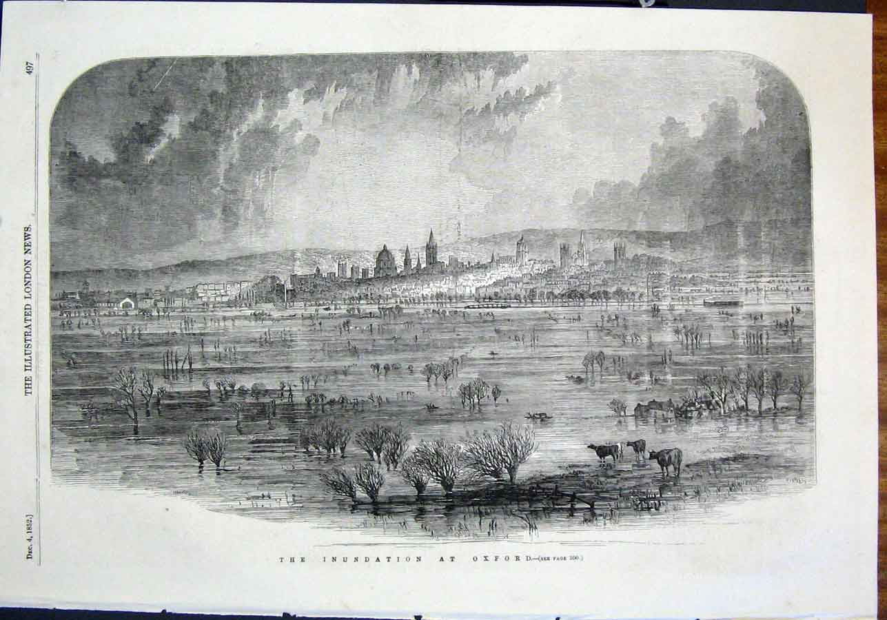 Original Old Antique Print Oxford Floods Flood Cattle England 1852 Victorian